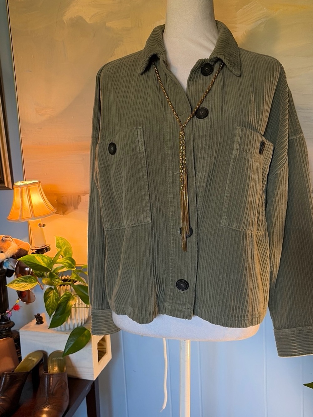 Zara Olive Corduroy Utility Jacket